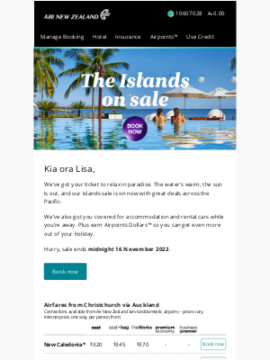 Air New Zealand - Lisa, Islands flights from $240 seat one way