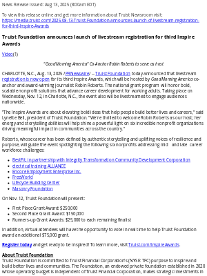 Truist Financial - Truist Foundation announces launch of livestream registration for third Inspire Awards