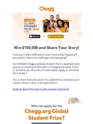 Chegg - Apply for the $100,000 Global Student Prize