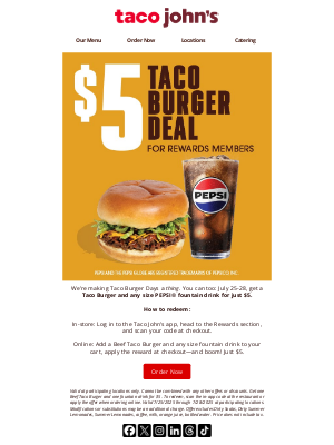 Taco John's - $5 deal for the Taco Burger days of summer ☀️🍔🥤