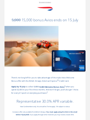British Airways (United Kingdom) - 15,000 Avios Welcome Bonus. Ends 15 July
