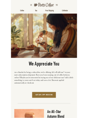 Peet's Coffee - 20% off add-ons for you 🤩