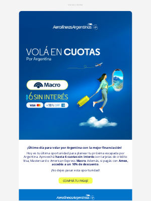 Aerolíneas Argentinas (Argentina) - 📣 ¡Último día para aprovechar las cuotas con Macro!