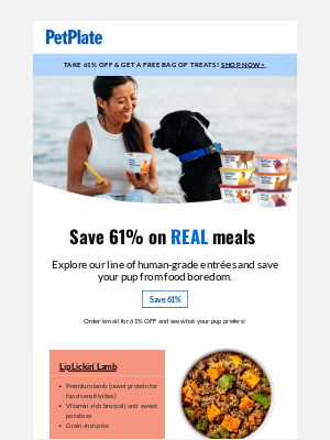 PetPlate - Save 61% & get a FREE bag of treats!