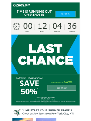 Frontier Airlines - LAST CHANCE for 50% off your summer vacay!