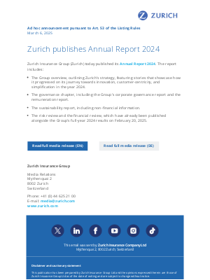 Zurich - CH - Zurich publishes Annual Report 2024