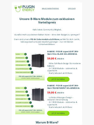Pluginenergy (Germany) - 390 W Solarmodule zum Tiefstpreis – jetzt B-Ware sichern ⚡