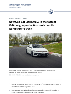 Volkswagen - New Golf GTI EDITION 50 is the fastest Volkswagen production model on the Nordschleife track