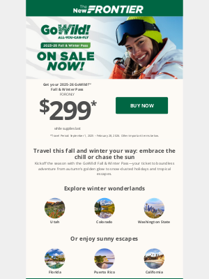 Frontier Airlines - GoWild! Fall & Winter Pass on sale NOW for only $299!