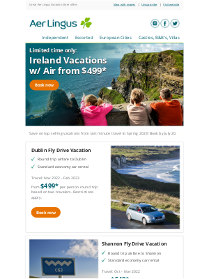 Aer Lingus - Limited time only: Ireland vacations w/ air from $499*