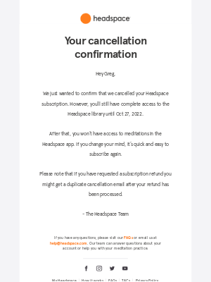 Headspace - Your cancellation confirmation
