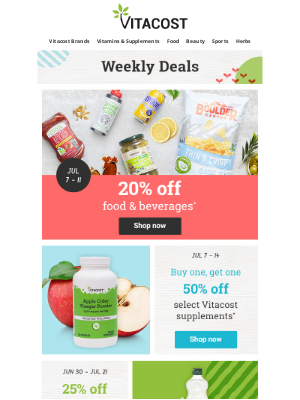 Vitacost - Weekly Deals: 20% Off Food & Beverages, BOGO 50% Off Nature's Path + More