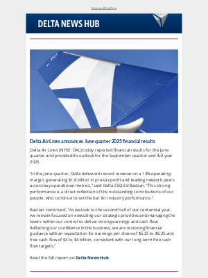 Delta Air Lines announces June quarter 2025 financial results