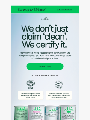 Bobbie - 4 formulas. 4 Clean Label Purity Awards