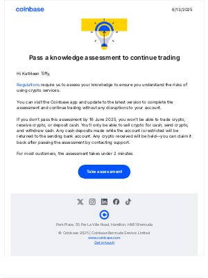 Coinbase - [Action Required] Only 3 days left to pass a knowledge assessment
