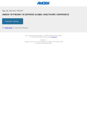Amgen - AMGEN TO PRESENT AT JEFFERIES GLOBAL HEALTHCARE CONFERENCE