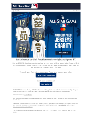 MLB - Last Chance to Bid: 2022 All-Star Game Autographed Jerseys Charity Auction