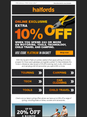 Halfords (UK) - ONLINE EXCLUSIVE: Extra 10% off!