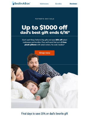 BedInABox - Up to $1000 in sleep savings for Father's Day.
