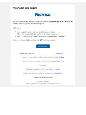 Fastenal - LAST CHANCE: Don't miss our LIVE webinar today!