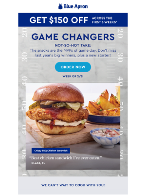 Blue Apron - $150 OFF + Game Day favorites are BACK!