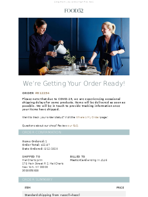 one of Food52's order confirmation emails