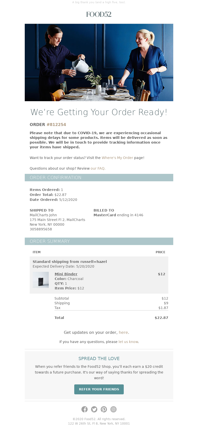 Food52 - Your order from Food52 is confirmed! Order #812254