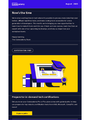 Codecademy - August newsletter: Bootcamps and building with AI