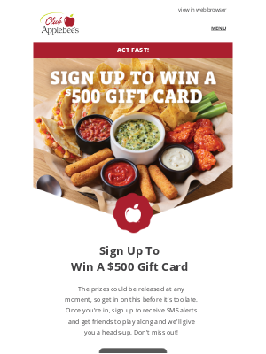 Applebee's - Giveaway Alert! Here's your chance to win a $500 gift card