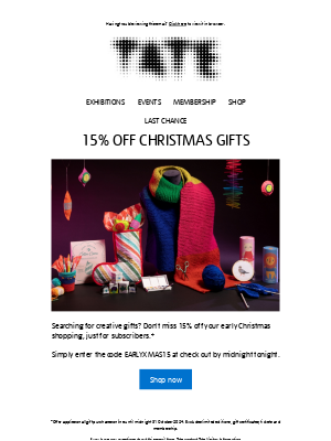 Tate (United Kingdom) - 📣 Last chance: 15% off art-inspired gifts