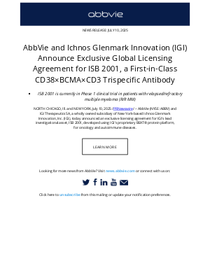 AbbVie - AbbVie Press Release: AbbVie and Ichnos Glenmark Innovation (IGI) Announce Exclusive Global Licensing Agreement for ISB 2001, a First-in-Class CD38×BCMA×CD3 Trispecific Antibody
