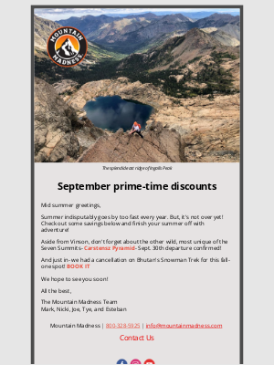 Mountain Madness - Webinar how to climb Vinson, 20% end of season Cascade discounts, and more
