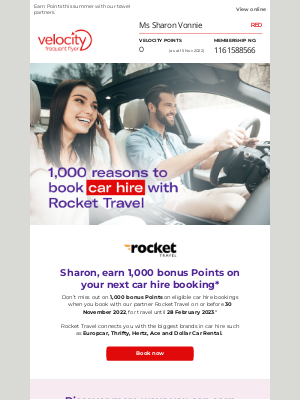 Velocity Frequent Flyer (AU) - 1,000 reasons to book car hire with Rocket Travel. Plus, more