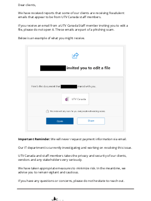 UTV Canada - IMPORTANT NOTICE: Beware of Phishing Emails