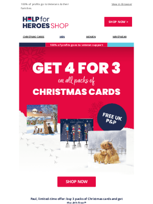 Help For Heroes - Christmas Cards Offer: 4 for the price of 3!