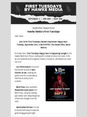 Hawke Media - Tonight at The Hawke Nest: Sax, Slices & Sunset Vibes