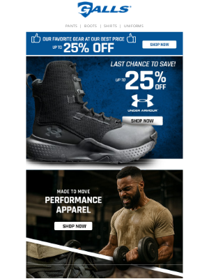 Galls - Last Chance To Save Up To 25% Off Under Armour!