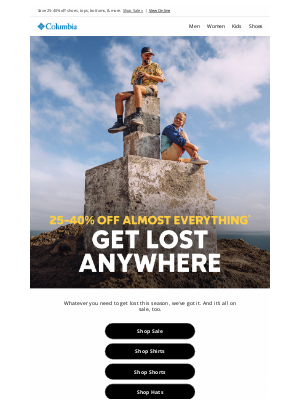 Columbia Sportswear - Head-to-toe gear on sale? Hell yeah.