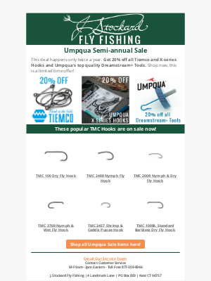 J Stockard Fly Fishing - Umpqua Semi-annual Sale - 20% Off Tiemco Hooks & More