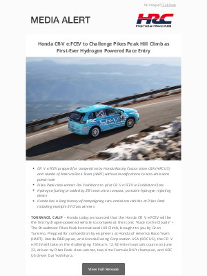Honda - Honda CR-V e:FCEV to Challenge Pikes Peak Hill Climb as First-Ever Hydrogen Powered Race Entry