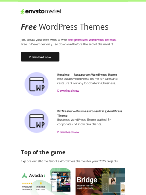 Envato - Free WordPress Themes for you, Jim ✨