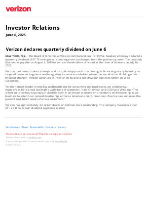 Verizon declares quarterly dividend on June 6