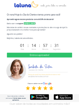 LaLuna (Brazil) - 🎉 Dia do Cliente! Até 50% OFF + Cupom SUPERCLIENTE, nona! Corra para Laluna Modas!