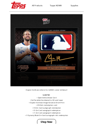 The Topps Company - Clayton Kershaw reaches 3,000 career strikeouts!