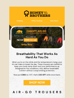 Honey Brothers - Grab SIP Air-Go Trousers and Get £30 Off Air-Go Trousers