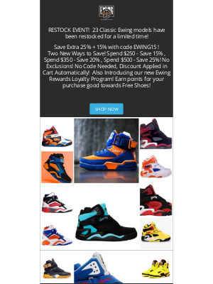 Ewing Athletics - BIG RESTOCK ALERT! Save Extra 25% + Bonus 15%!