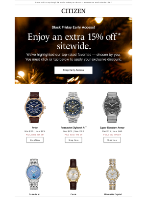 Citizen Watch Company - Black Friday Early Access Begins! EXTRA 15% OFF Sitewide