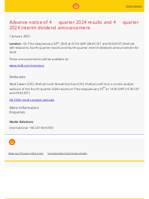 Shell - Advance notice of 4ᵗʰ quarter 2024 results and 4ᵗʰ quarter 2024 interim dividend announcement