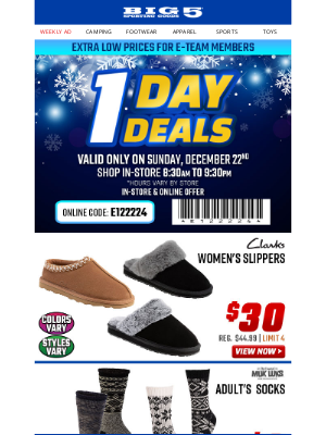 Big 5 Sporting Goods - $25 Quilted Hooded Parka + $10 Memory Foam Bed Pillow + Other One Day Deals, Sunday Only!