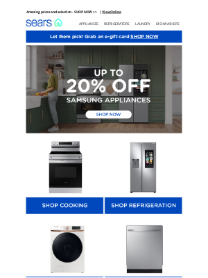 Sears - Shop Top Samsung Refrigeration, Cooking and More at Up To 20% Off